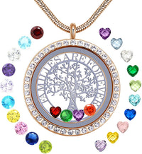 Load image into Gallery viewer, GKLuv™ Family Tree Floating Locket Neckace, 18K Gold Plated, 'Families Forever' Quote, 24 Birthstones iluvfamily 

